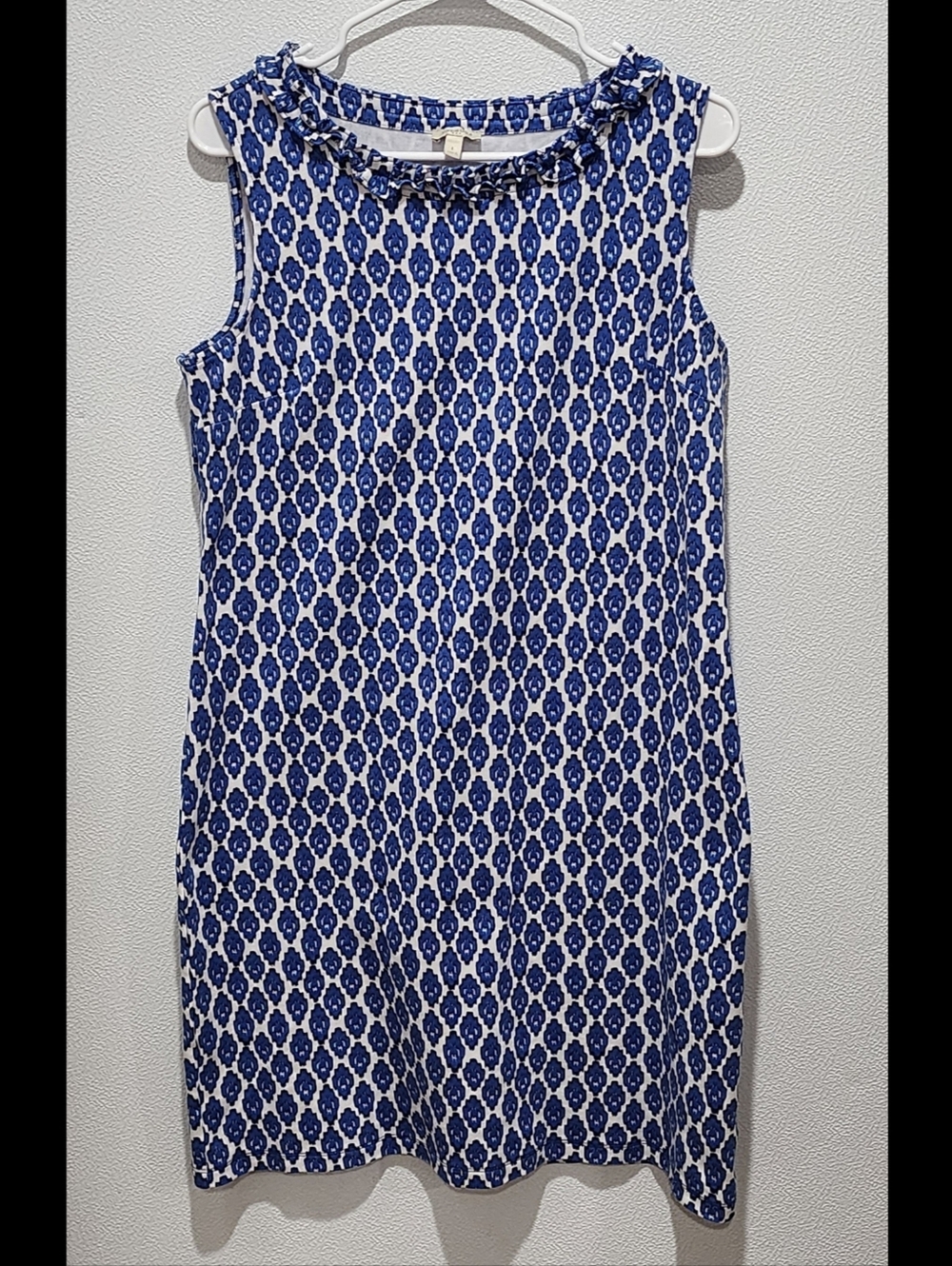 Talbots Factory Sleeveless Dress Sz Large 100% Cotton Ruffle Neck Blue Geometric